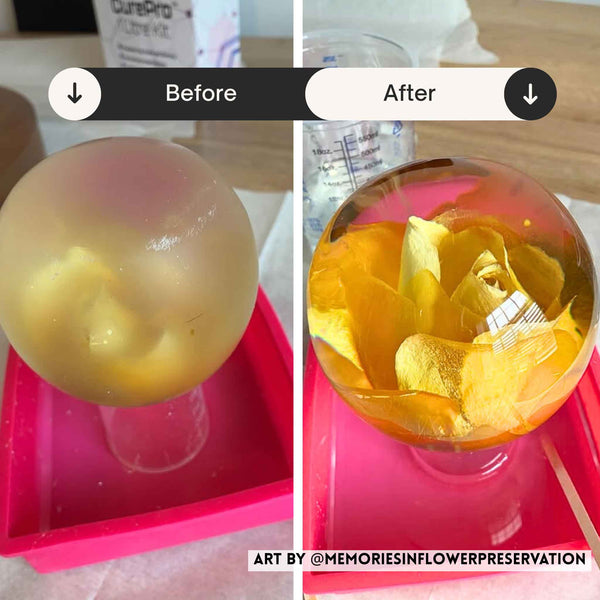 Before and after comparison of a flower in resin using Apex Resin top coat