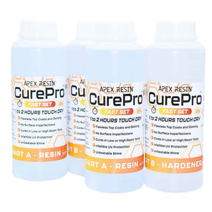 Three bottles of Apex Resin CurePro Fast Set resin and hardener mix, showing the front labels of Part A and Part B components on a white background.