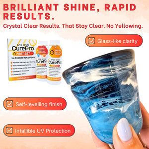 A hand holds a blue marbled glass showing the Apex Resin CurePro Fast Set resin curing in progress. The image includes product packaging, text overlays highlighting features like 'Crystal Clear Results' and 'Glass-like clarity', and a peach-colored background.