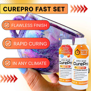CurePro Fast Set resin bottles shown next to a hand holding a purple marbled glass bowl, with promotional text overlays for flawless finish, rapid curing, and use in any climate.