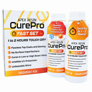 APEX RESIN CurePro FAST SET 1000ml kit showing the retail box and two white bottles (Part A Resin and Part B Hardener) on a white background.