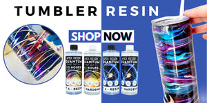 Apex Tumbler resin with a hand holding a resin-topped tumbler and product bottles.
