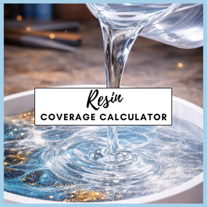 Resin being poured into a container with swirling patterns, overlaid with 'Resin Coverage Calculator' text.