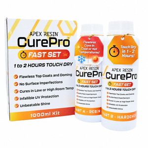 Apex Resin CurePro Fast Set 1000ml kit showing the product box and two white bottles (Part A and Part B) on a clean white background.