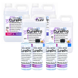 Six Apex Resin CurePro Part A and Part B resin bottles arranged on a plain white background, with two large white bottles behind and four smaller clear bottles in front. The labels show the brand Apex Resin and product name CurePro.