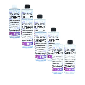 Six Apex Resin CurePro bottles in different sizes arranged on a plain white background. The bottles are clear with black caps and labels featuring purple and black text.