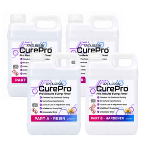 Four white plastic bottles of Apex Resin CurePro Part A and Part B resin kit arranged on a plain white background.