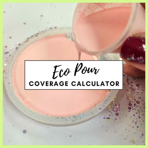 Pink powder being poured into a container with 'Eco Pour Coverage Calculator' text overlay.