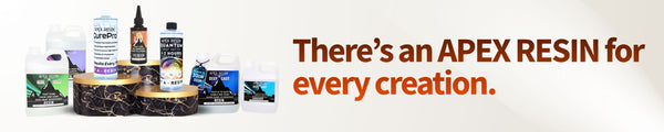 Promotional banner for Apex Resin with various resin products and text on a white background.